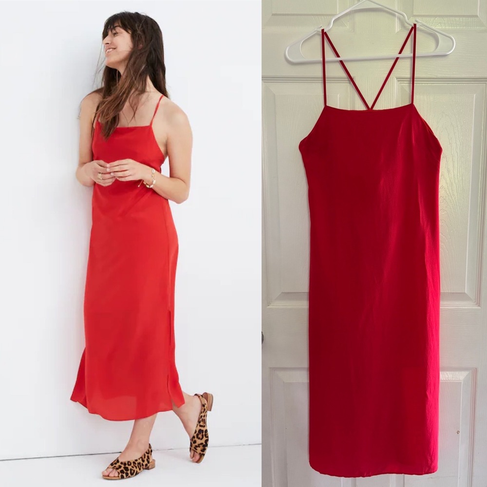 Madewell‎ Silk Cross-Back Slip Midi Dress 2 Red Strappy Minimalist L1463